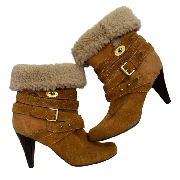 Mulberry Tan Suede Ankle Boots with Shearling Cuff - Picture 1 of 12